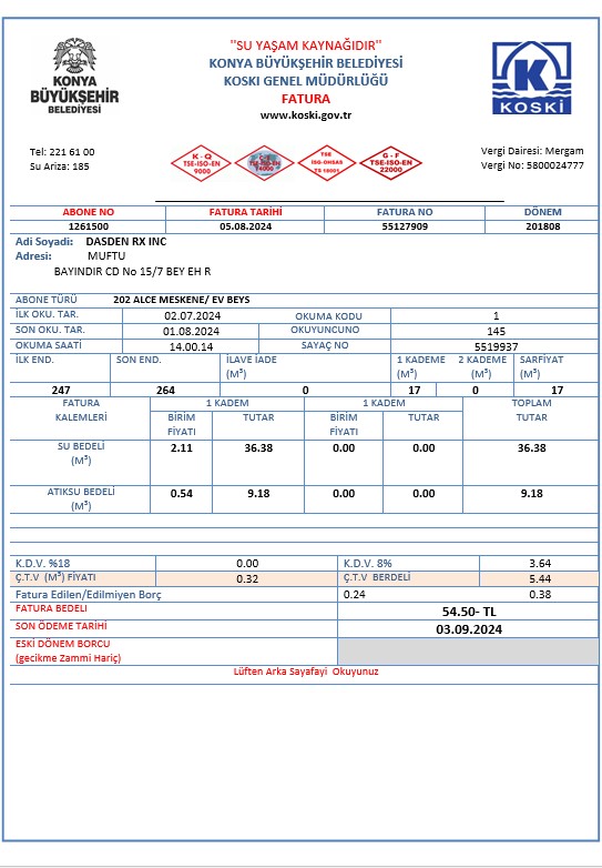 Turkey water business utility bill template in Word and PDF formats